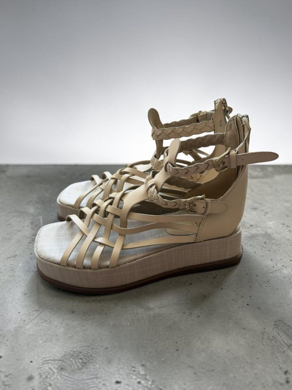 SAM EDELMAN Cream Leather Platform Zip Sandals Size 9